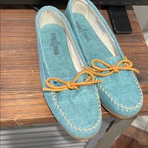 MINNETONKA•Teal Linen Loafer/Moccasins•NWOT•Sz 7.5